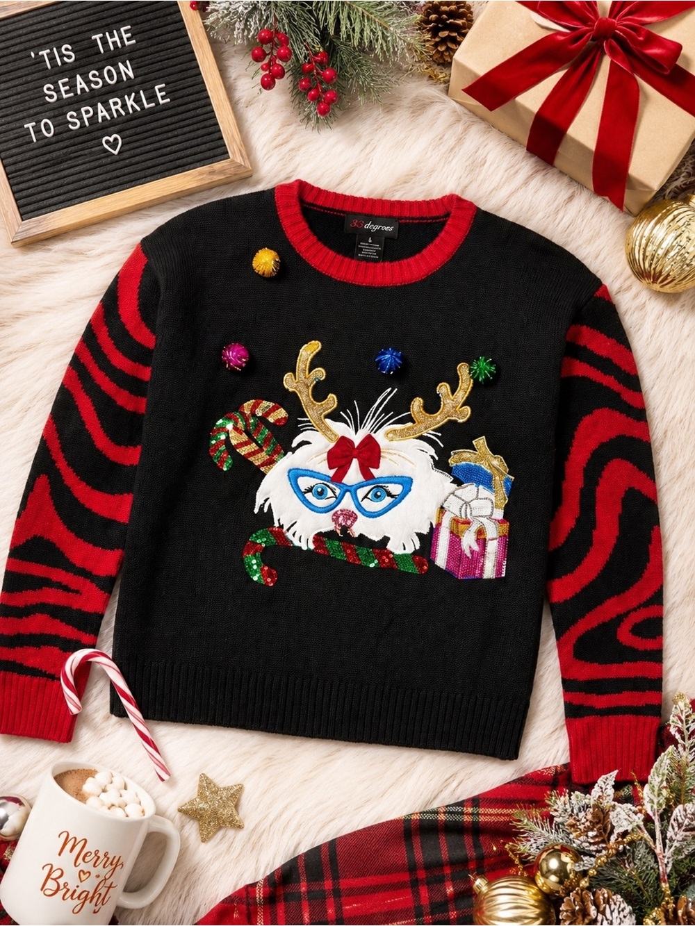 Ugly Christmas Sweater Cat Reindeer Pom Pom Holiday Sweater Women’s Medium - Picture 2 of 8